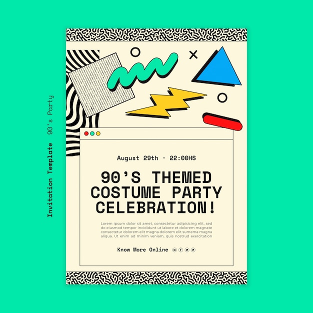 Modello di invito a una festa anni '90 disegnato a mano