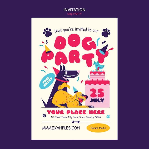 Modello di invito a una festa per cani dal design piatto