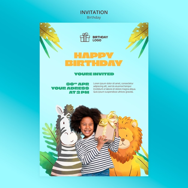 Modello di invito ad acquerello per festa di compleanno per bambini con animali