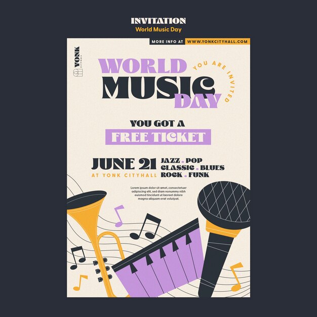 Modello di invito all'evento per la celebrazione della giornata mondiale della musica