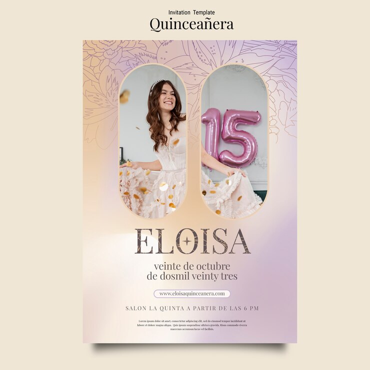 PSD gratuito modello di invito celebrazione quinceanera disegnato a mano