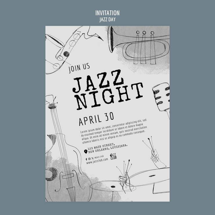 PSD gratuito modello di invito per la giornata artistica del jazz