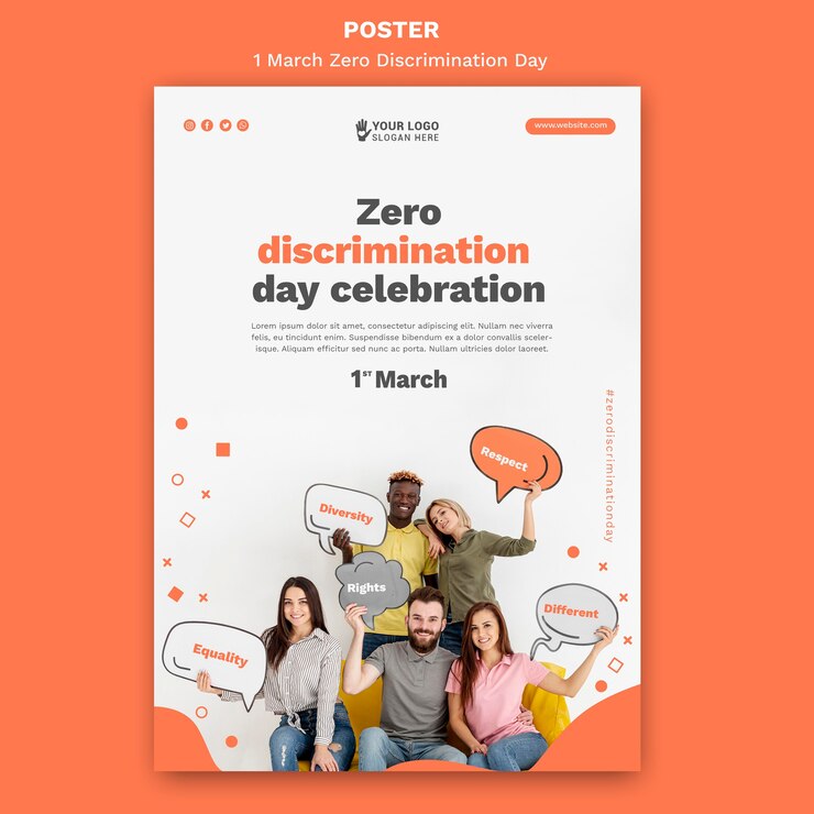 PSD gratuito modello di manifesto del giorno di discriminazione zero con foto