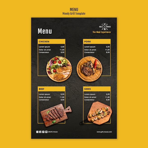 Modello di menu casa grill