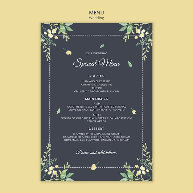 Modello di menu concetto di matrimonio
