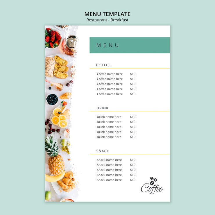 PSD gratuito modello di menu del ristorante per la colazione