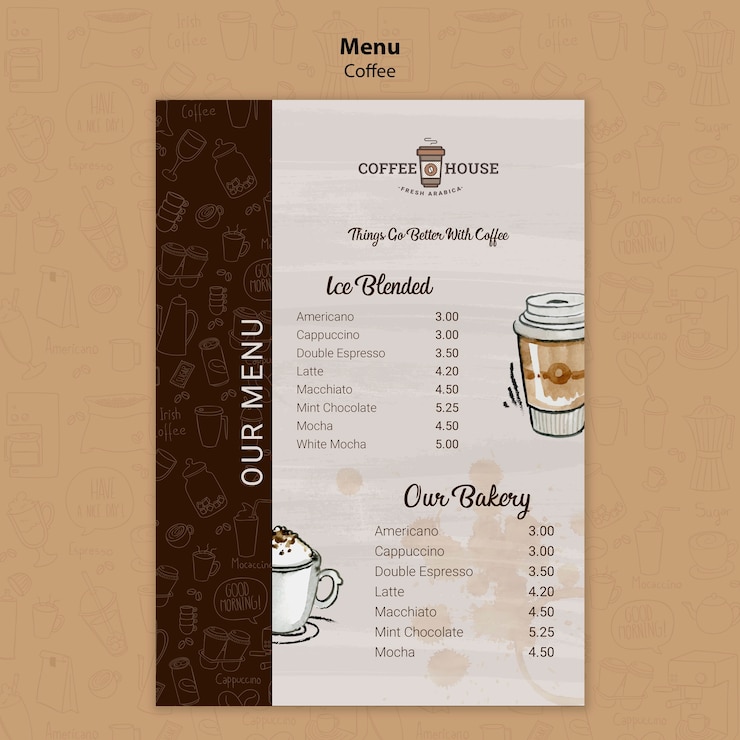 PSD gratuito modello di menu della caffetteria con elementi disegnati a mano