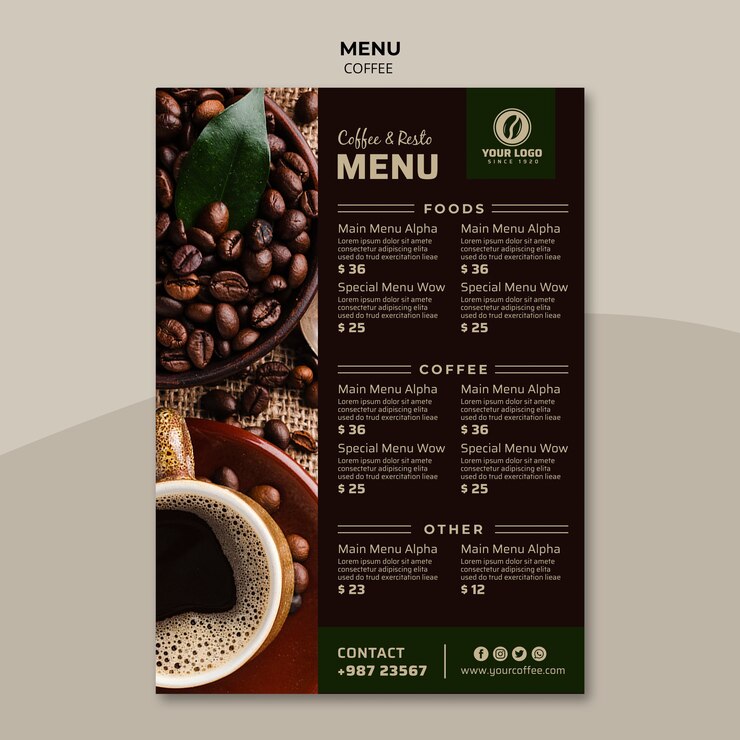 PSD gratuito modello di menu di caffè gustoso
