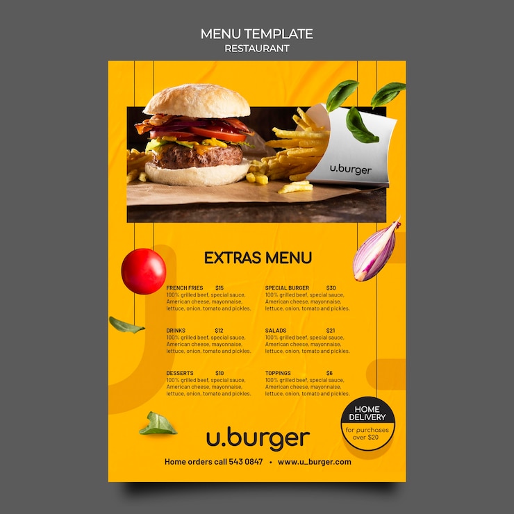 PSD gratuito modello di menu di un ristorante di hamburger