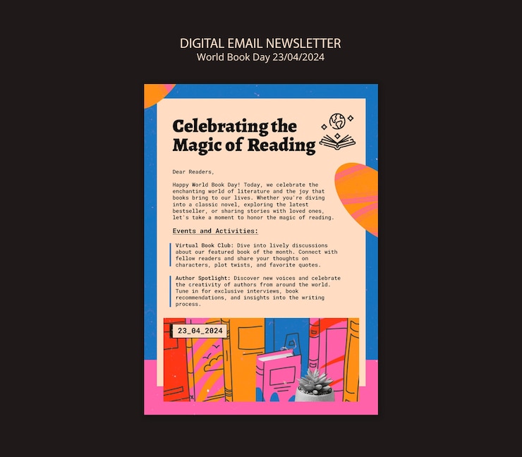 PSD gratuito modello di newsletter per la celebrazione della giornata mondiale del libro