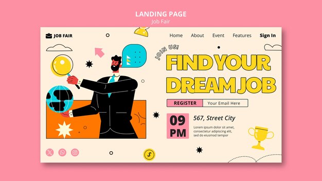 Modello di pagina di atterraggio della fiera del lavoro Flat Design