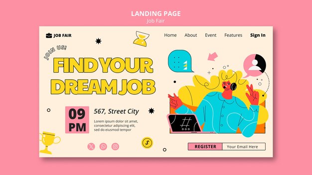 Modello di pagina di atterraggio della fiera del lavoro Flat Design