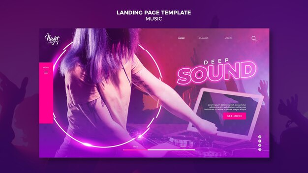 Modello di pagina di destinazione al neon per musica elettronica con dj femminile