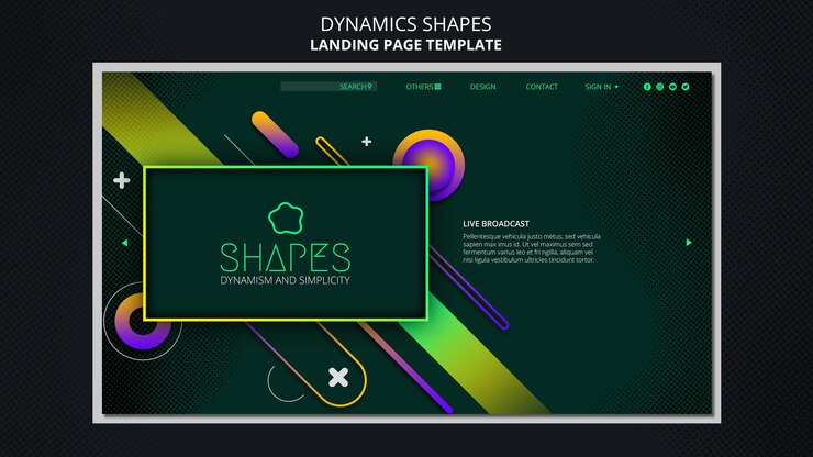 PSD gratuito modello di pagina di destinazione con forme al neon geometriche dinamiche
