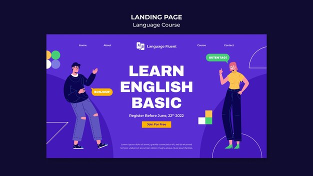 Modello di pagina di destinazione dei corsi di lingua con persone e forme geometriche