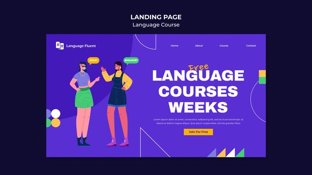 Modello di pagina di destinazione dei corsi di lingua con persone e forme geometriche