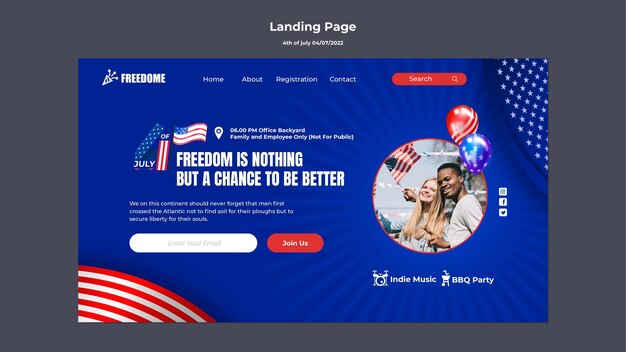 Modello di pagina di destinazione del 4 luglio con bandiera americana