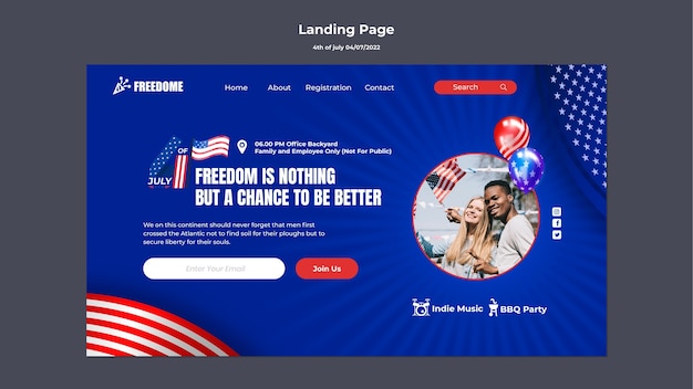 Modello di pagina di destinazione del 4 luglio con bandiera americana