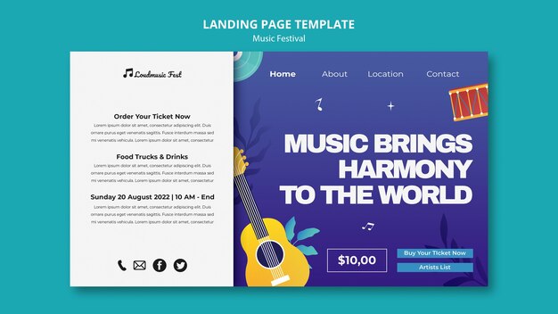 Modello di pagina di destinazione del festival musicale con strumenti musicali