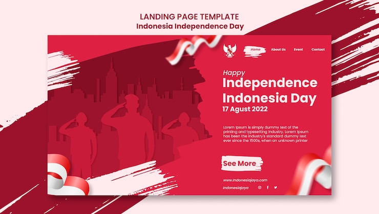 PSD gratuito modello di pagina di destinazione del giorno dell'indipendenza dell'indonesia con design a pennellate