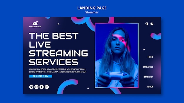 Modello di pagina di destinazione del lavoro streamer sfumato