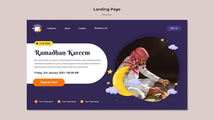 PSD gratuito modello di pagina di destinazione del ramadan con foto