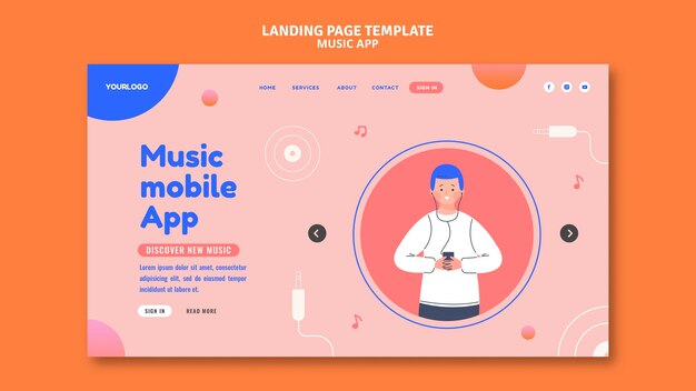 Modello di pagina di destinazione dell'app mobile musicale Music