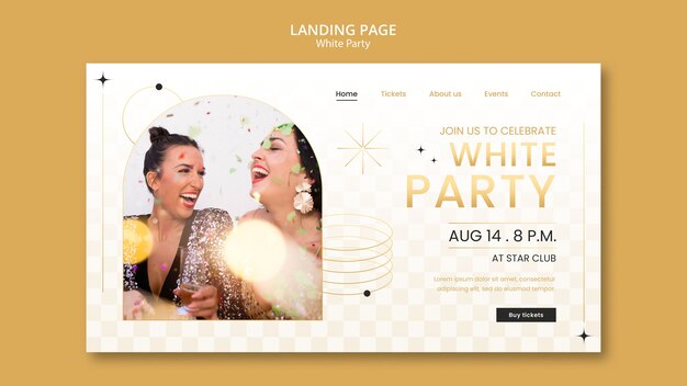 Modello di pagina di destinazione della festa bianca con design dorato