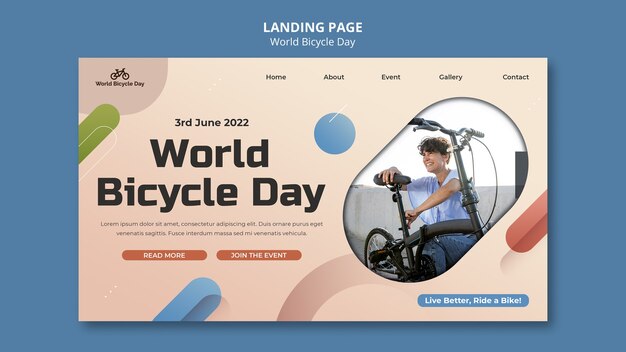 Modello di pagina di destinazione della giornata mondiale della bicicletta con persona che usa la bicicletta