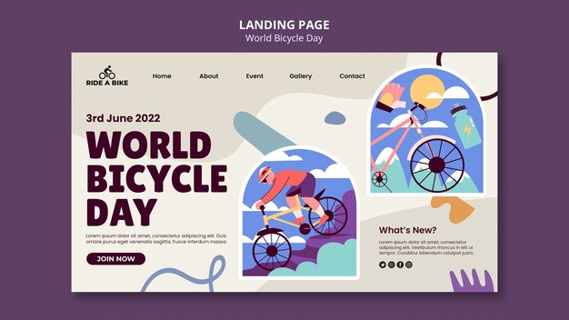 Modello di pagina di destinazione della giornata mondiale della bicicletta dal design piatto
