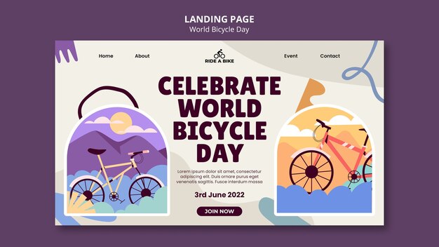 Modello di pagina di destinazione della giornata mondiale della bicicletta dal design piatto