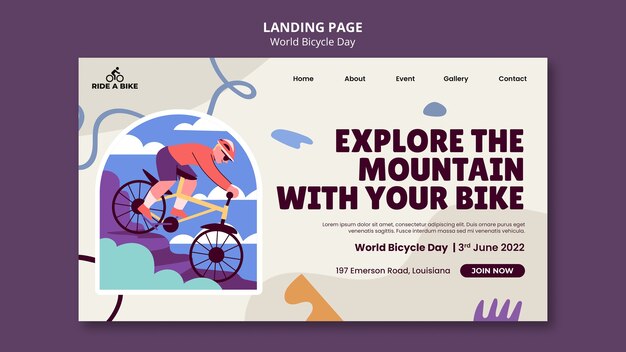 Modello di pagina di destinazione della giornata mondiale della bicicletta dal design piatto
