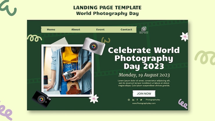 PSD gratuito modello di pagina di destinazione della giornata mondiale della fotografia