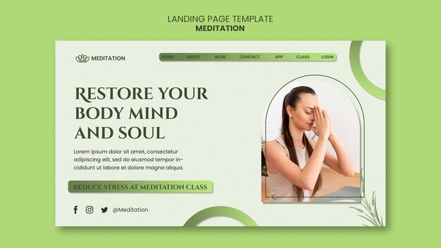 Modello di pagina di destinazione della mediazione con donna che fa yoga