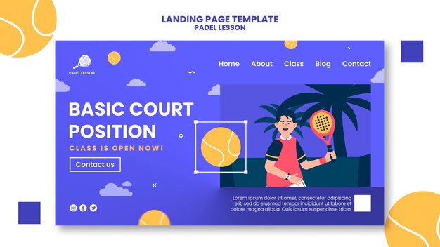 Modello di pagina di destinazione delle lezioni di paddle tennis dal design piatto