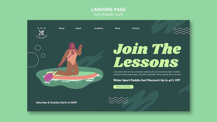 PSD gratuito modello di pagina di destinazione delle lezioni di paddleboarding