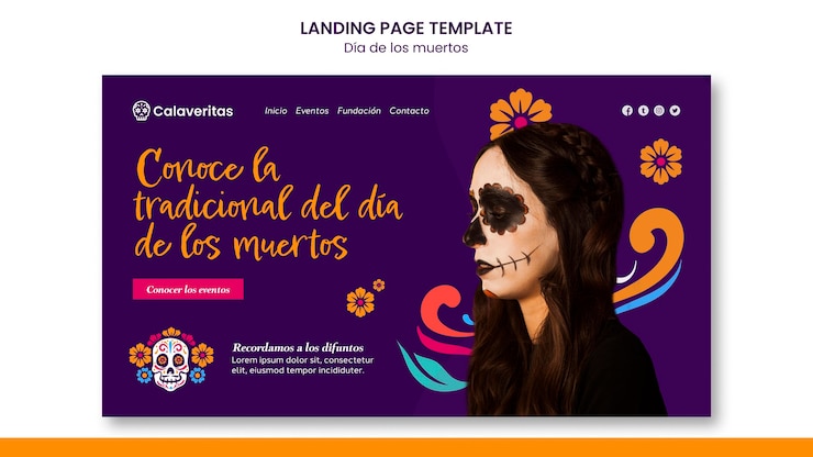 PSD gratuito modello di pagina di destinazione di dia de los muertos