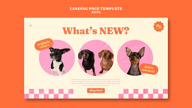 Modello di pagina di destinazione di dolcetti per animali domestici organici con cane carino