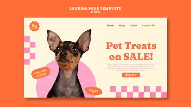 Modello di pagina di destinazione di dolcetti per animali domestici organici con cane carino