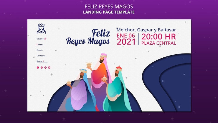 PSD gratuito modello di pagina di destinazione feliz reyes magos
