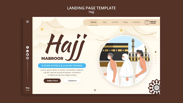 Modello di pagina di destinazione Hajj con la mecca e le persone che pregano