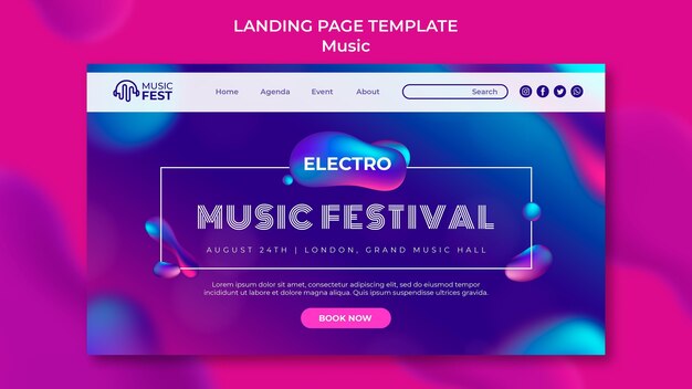 Modello di pagina di destinazione per festival di musica elettronica con forme di effetto liquido al neon