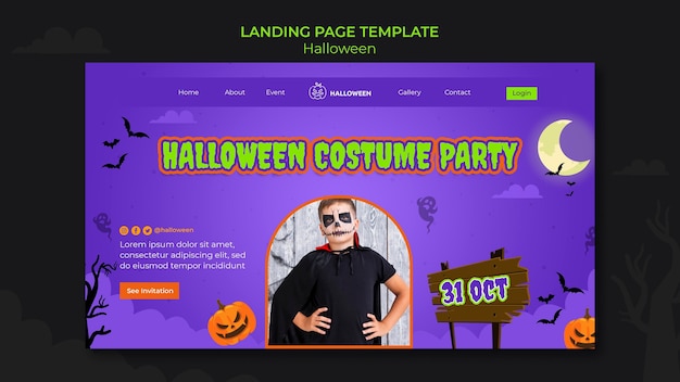 Modello di pagina di destinazione per halloween con bambino in costume