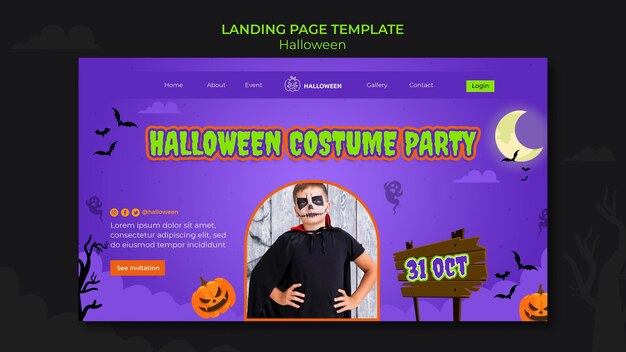 Modello di pagina di destinazione per halloween con bambino in costume