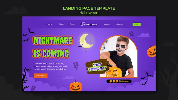 Modello di pagina di destinazione per halloween con bambino in costume