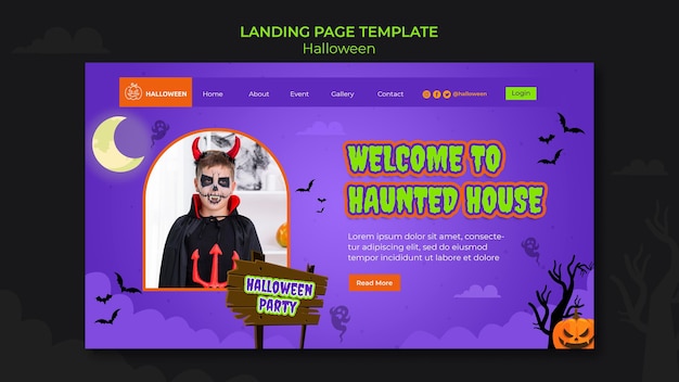 Modello di pagina di destinazione per halloween con bambino in costume