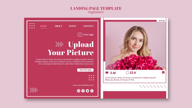 PSD gratuito modello di pagina di destinazione per il caricamento di foto sui social media