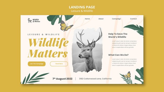 Modello di pagina di destinazione per il tempo libero e la fauna selvatica