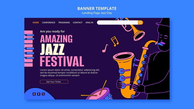 Modello di pagina di destinazione per la celebrazione del giorno del jazz.