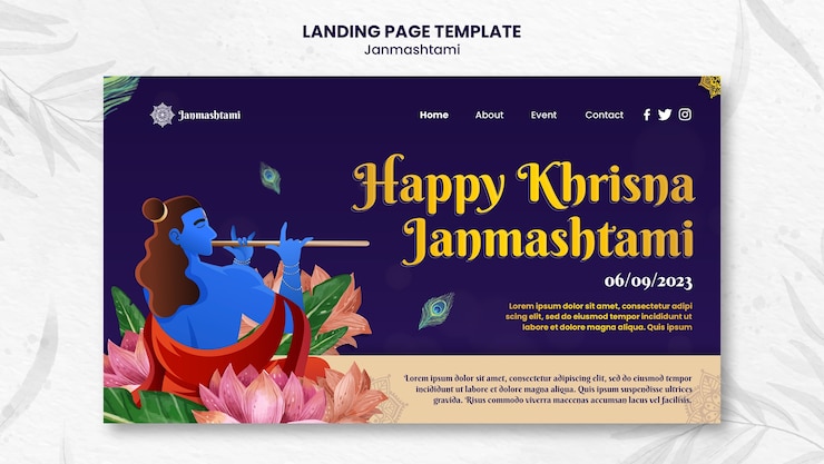 PSD gratuito modello di pagina di destinazione per la celebrazione di janmashtami